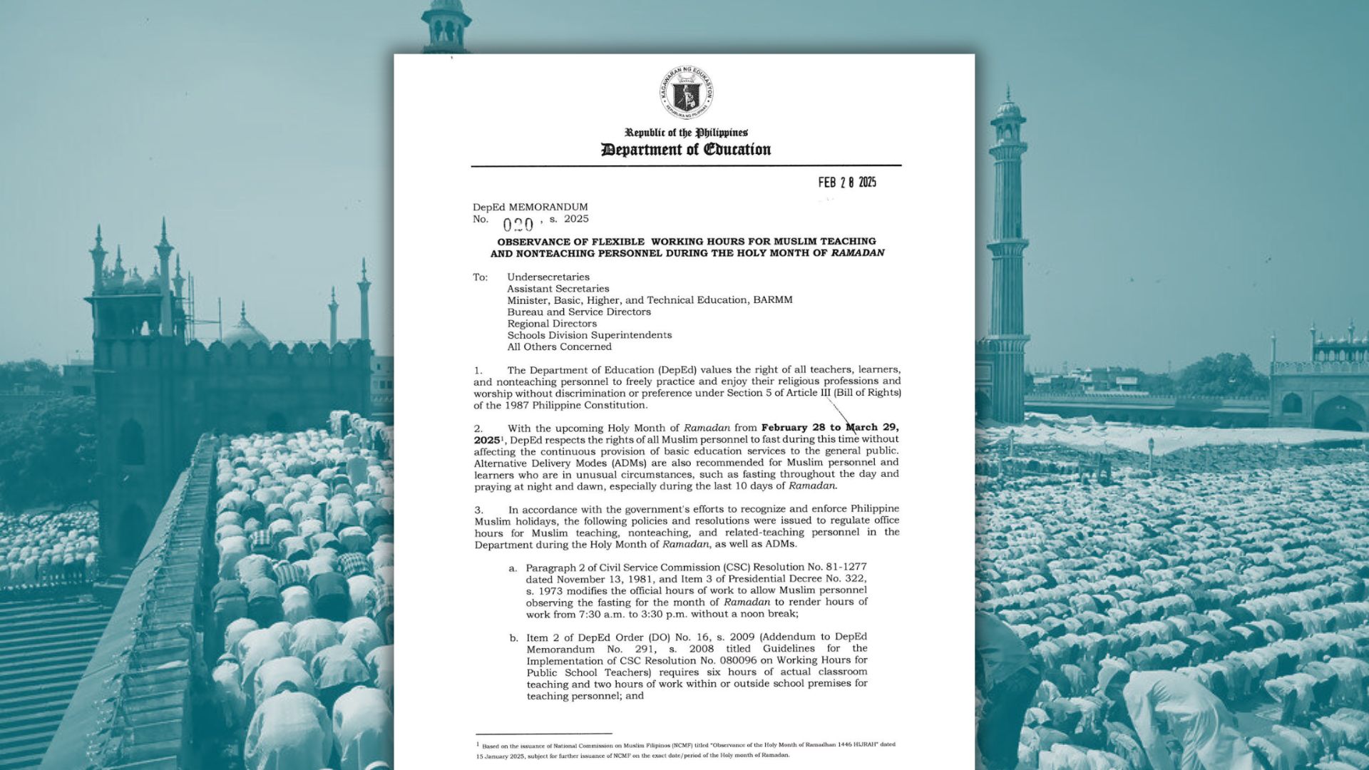 DepEd allows flexible working hours for Muslim personnel during Ramadan