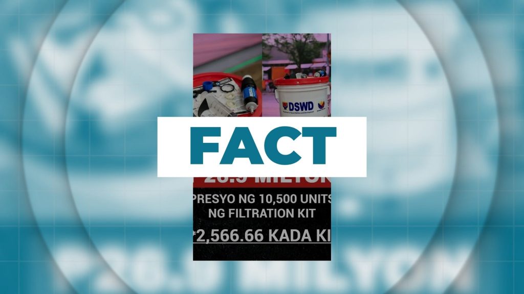 FACT: DSWD water filtration kit estimated costs P26 million, P2,566.66 each